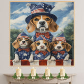 Beagle Family Patriotic Oil Painting – Mom and 3 Puppies in Stars & Stripes Hats and Bow Ties on Ready to Hang 1.5" Thick Canvas Wrap, Floating Framed Canvas, Flat Rolled Canvas